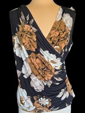 Calvin Klein Black Floral Faux-Wrap Sleeveless Top